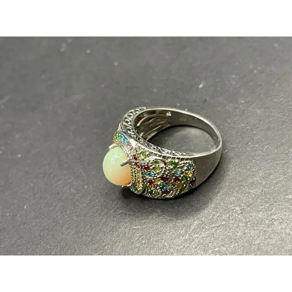 STS 925 Sterling Silver Opal Multi Color Gemstone Statement Ring Size 9.75